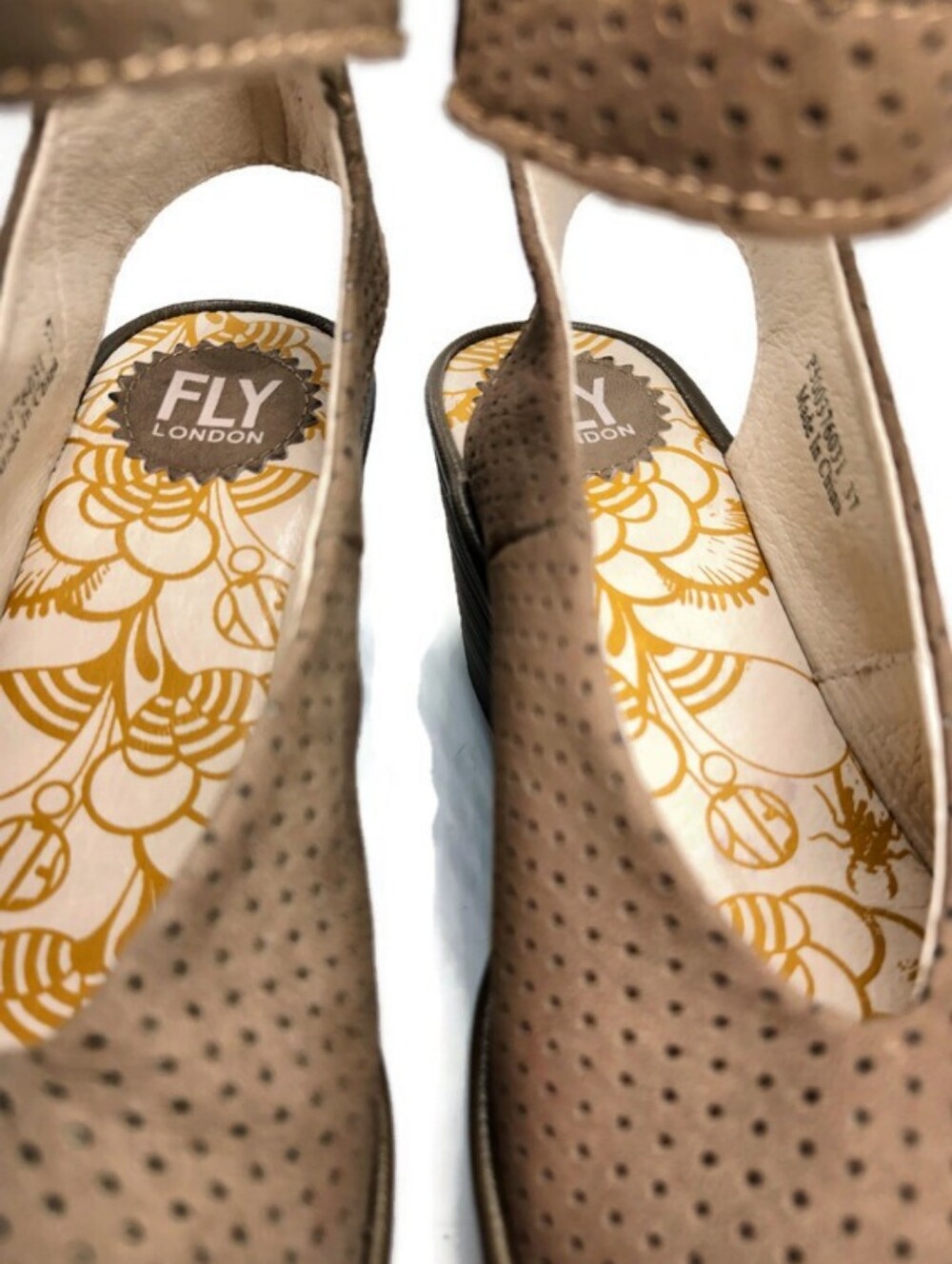 Fly London Yala Taupe Perforated Leather Ankle Strap Peep-Toe Wedge Heel Sandals - Picture 10 of 15